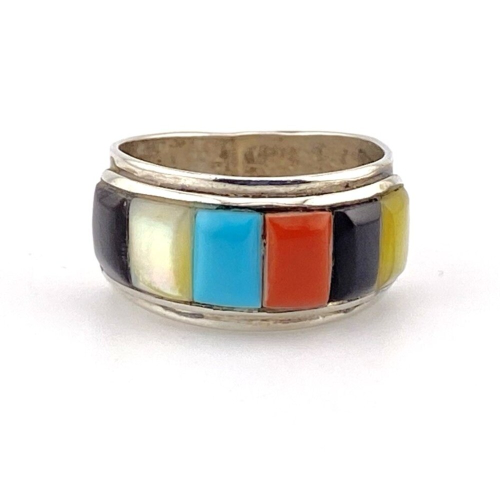 Square Cab Southwestern Cigar Band Sterling Silver Ring Size 8.5 Multi Gemstones